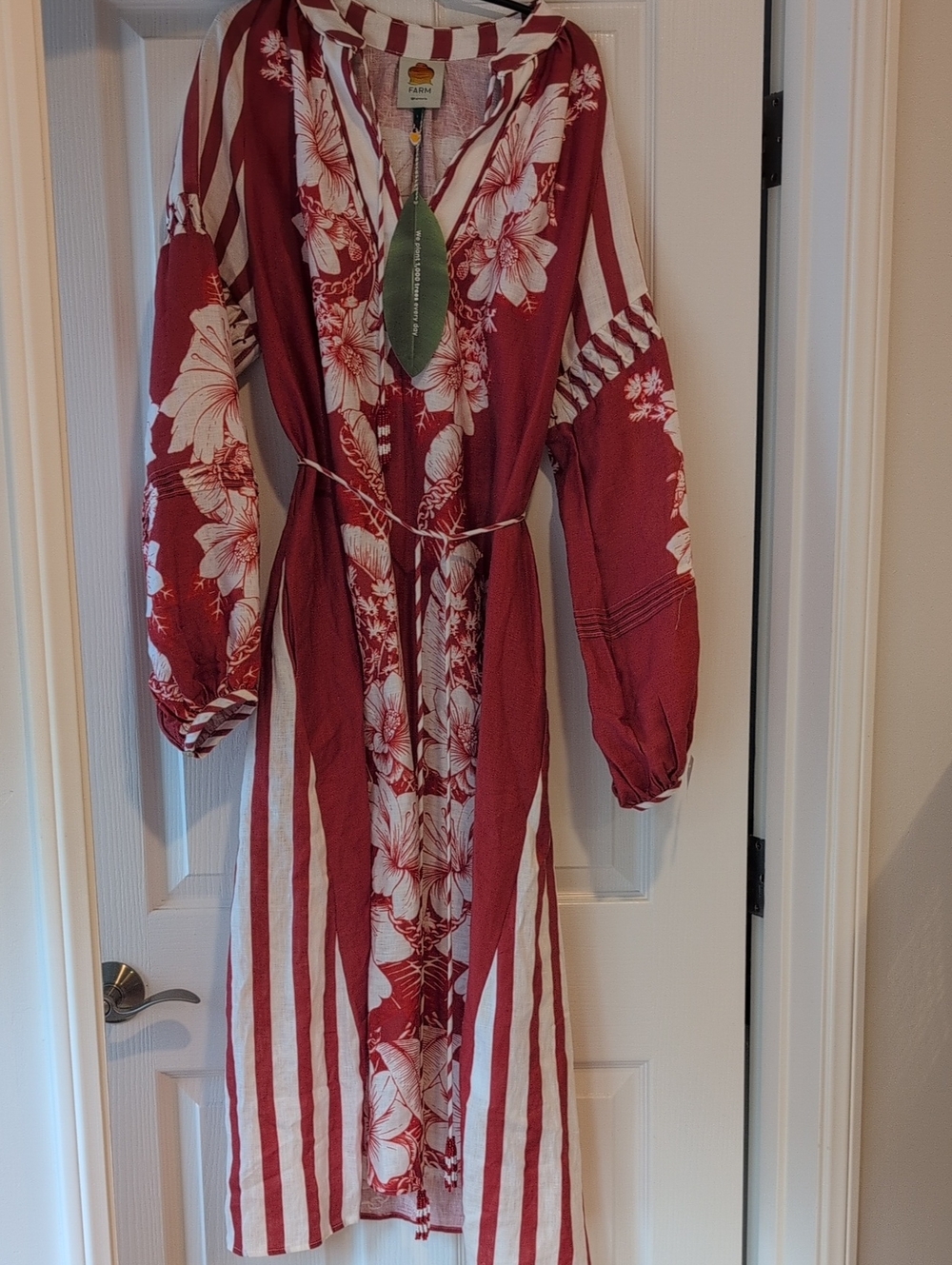 Farm Rio Red Fkoral Chains Stripes Midi Dress- Large